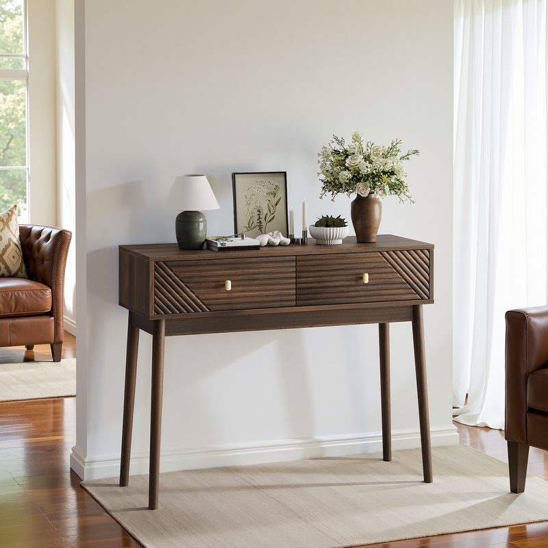 Console coiffeuse vintage avec 2 tiroirs et détails ondulés et dorés SILICABODY