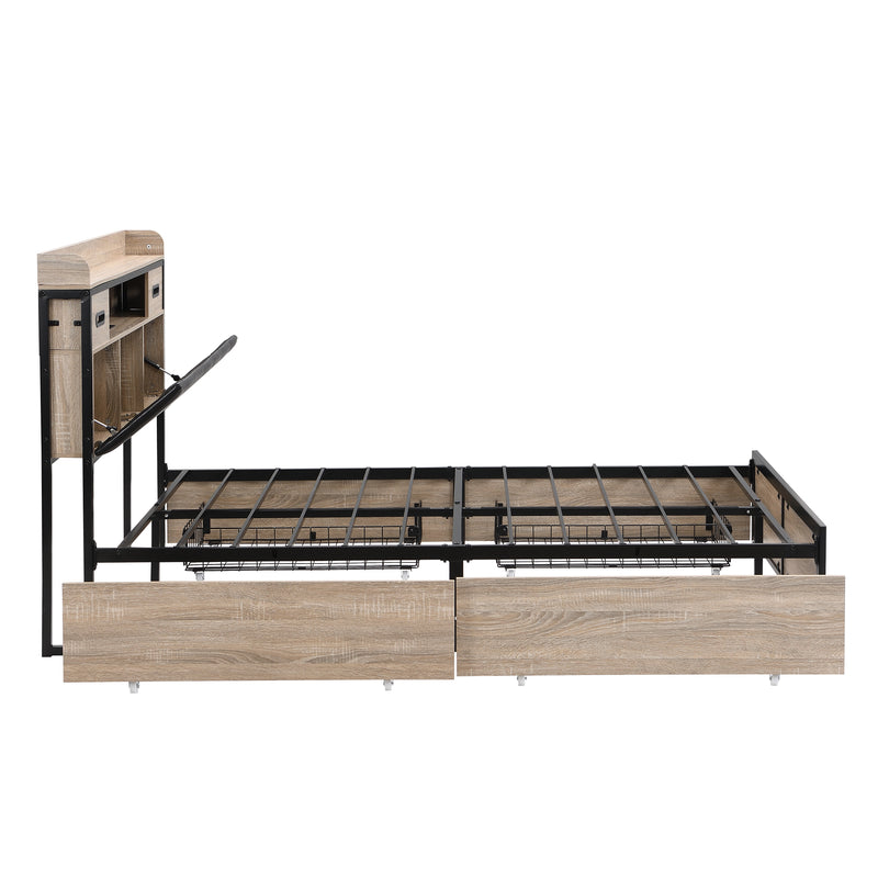 Lit double cadre métallique effet bois chêne avec port USB tête de lit rangement, 4 grands tiroirs sous lit et sommier sans matelas 140*200cm CROKWUN DOUBLE OAK