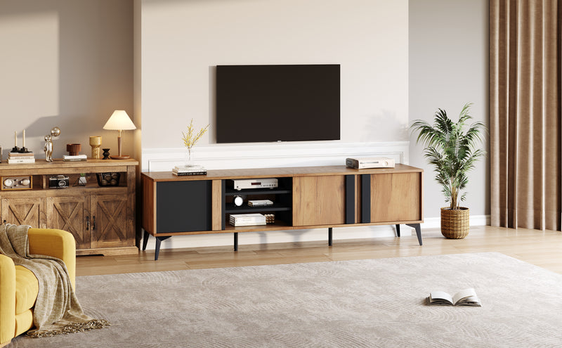 Meuble TV marron rustique effet bois et noir avec porte et compartiment ouvert ICAN