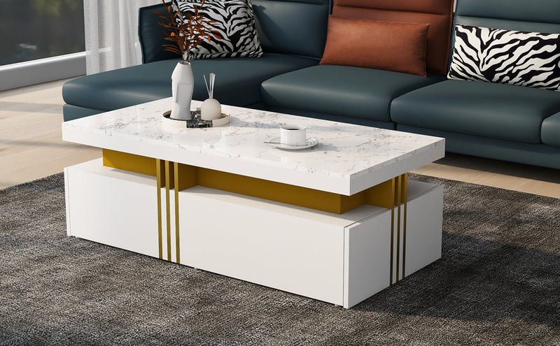 Table basse rectangulaire effet marbre blanche brillante avec 2 tiroirs 100*50*40 cm GEVREITS WHITE