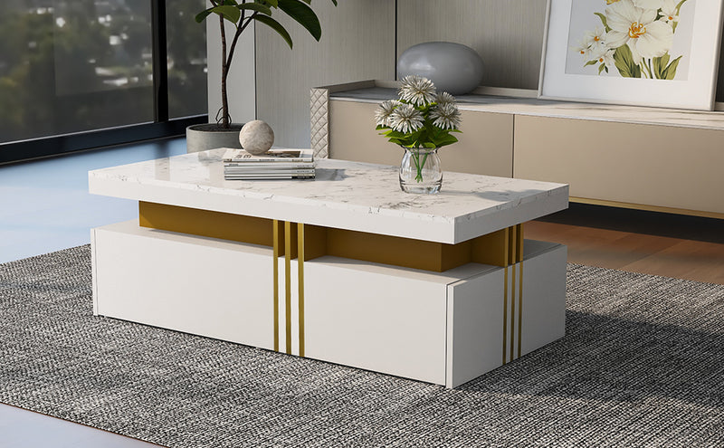 Table basse rectangulaire effet marbre blanche brillante avec 2 tiroirs 100*50*40 cm GEVREITS WHITE