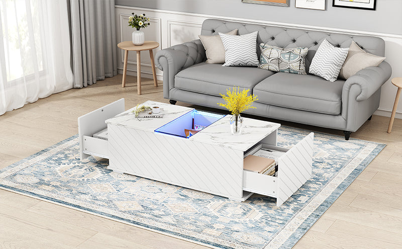 Table basse moderne blanche effet marbre, éclairage LED, élément en verre et 2 tiroirs Kregmots