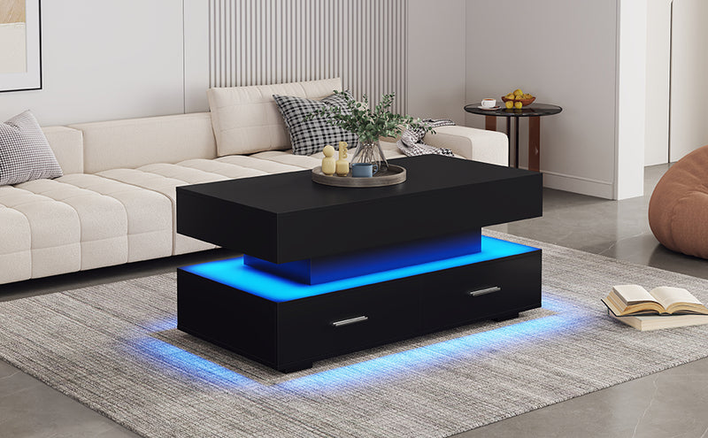 Table basse noir plateau relevable à hauteur réglable 2 tiroirs et espace de rangement ouvert avec éclairage LED 100*50*44 cm ZAKS BLACK