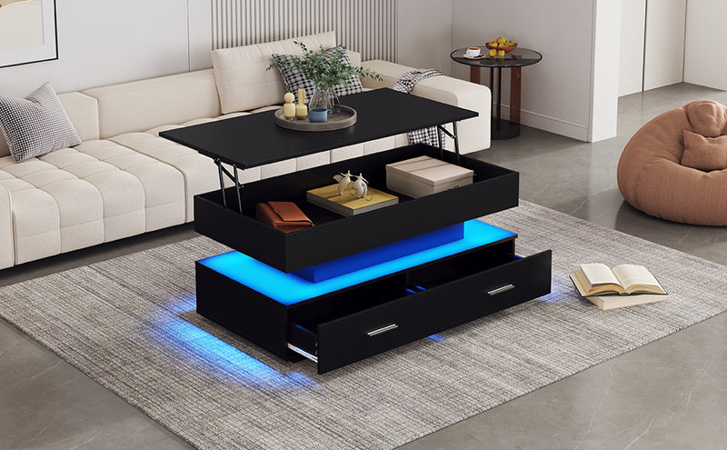 Table basse noir plateau relevable à hauteur réglable 2 tiroirs et espace de rangement ouvert avec éclairage LED 100*50*44 cm ZAKS BLACK