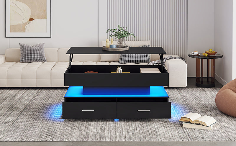 Table basse noir plateau relevable à hauteur réglable 2 tiroirs et espace de rangement ouvert avec éclairage LED 100*50*44 cm ZAKS BLACK