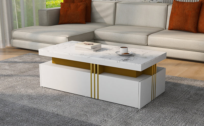 Table basse rectangulaire effet marbre blanche brillante avec 2 tiroirs 100*50*40 cm GEVREITS WHITE