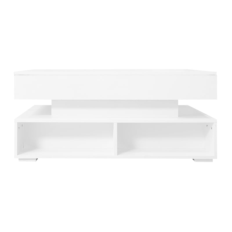 Table basse blanche plateau relevable à hauteur réglable 2 tiroirs et espace de rangement ouvert avec éclairage LED 100*50*44 cm ZAKS WHITE