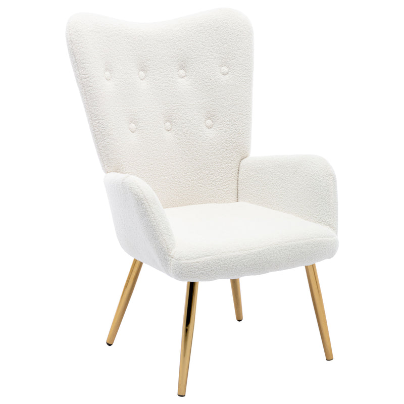 Fauteuil relax tissu Teddy polaire bouclette blanc scandinave repose-pieds assorti pieds dorés SUGEL