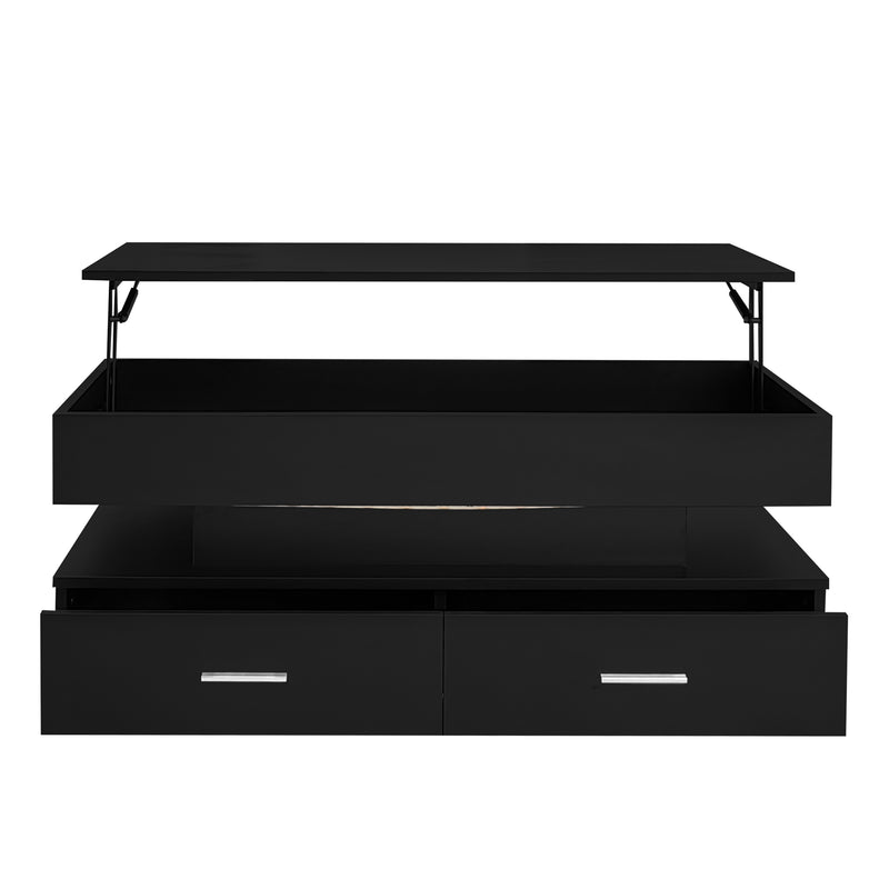 Table basse noir plateau relevable à hauteur réglable 2 tiroirs et espace de rangement ouvert avec éclairage LED 100*50*44 cm ZAKS BLACK