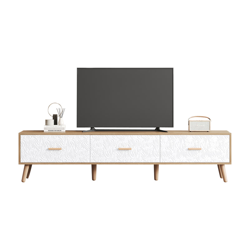 Meuble TV effet bois clair 3 tiroirs et porte blanc avec motif texturé 150x35x39cm ORKUDS