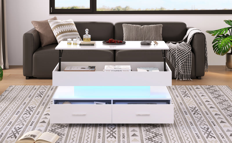 Table basse blanche plateau relevable à hauteur réglable 2 tiroirs et espace de rangement ouvert avec éclairage LED 100*50*44 cm ZAKS WHITE