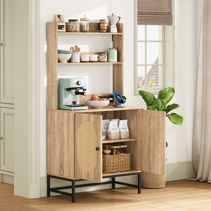 Buffet haute en MDF décor chêne naturel avec portes en rotin, prise USB intégrée PEAKFLOW