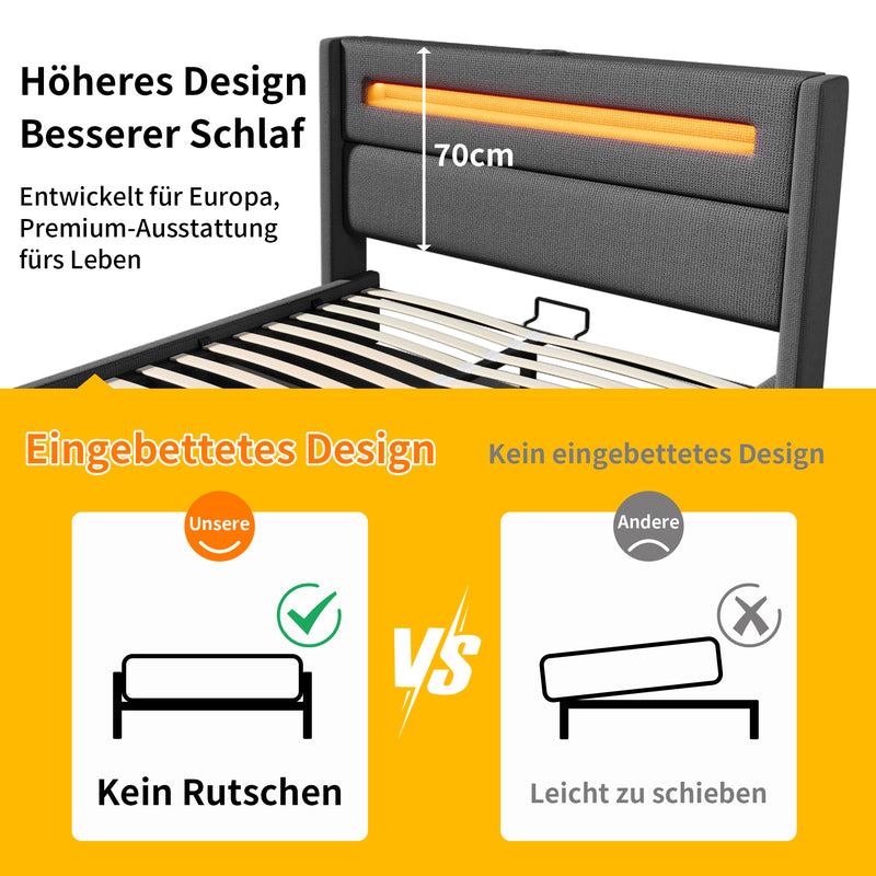 Lit offre queen tissu gris avec éclairage LED et deux prises 160*200cm (matelas non inclus) REDUCE