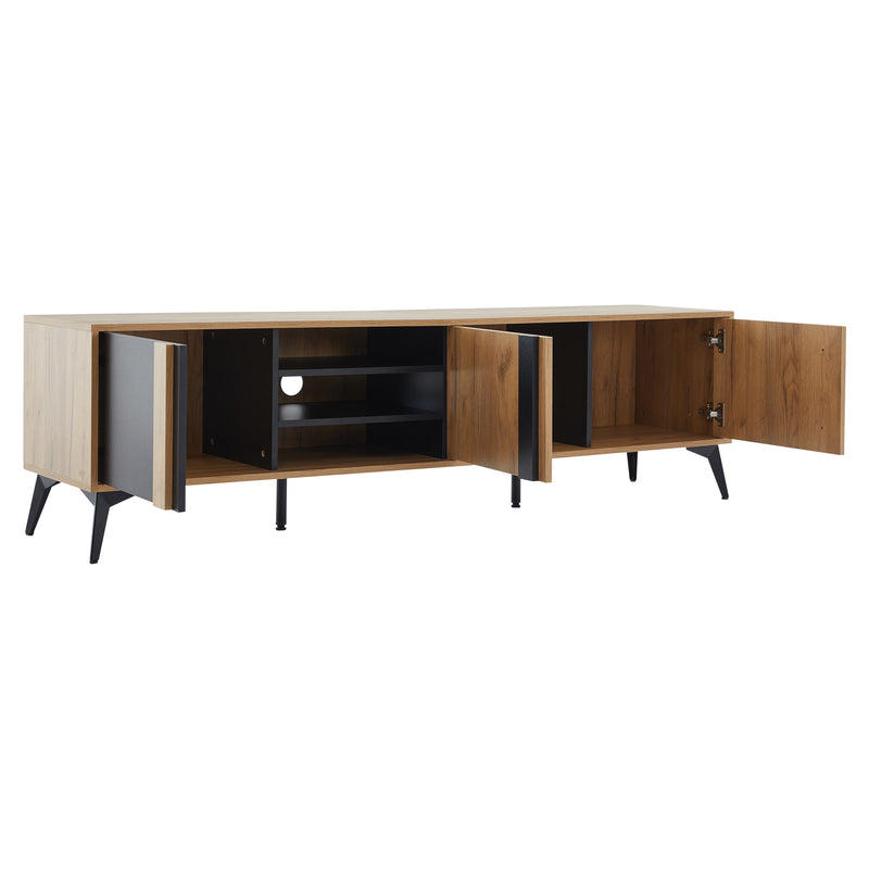 Meuble TV marron rustique effet bois et noir avec porte et compartiment ouvert ICAN