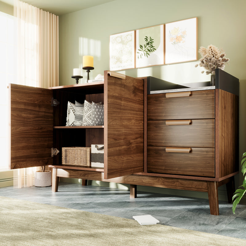 Buffet marron effet bois 2 portes 3 tiroirs effet faux marbre gris blanc GLOBAL