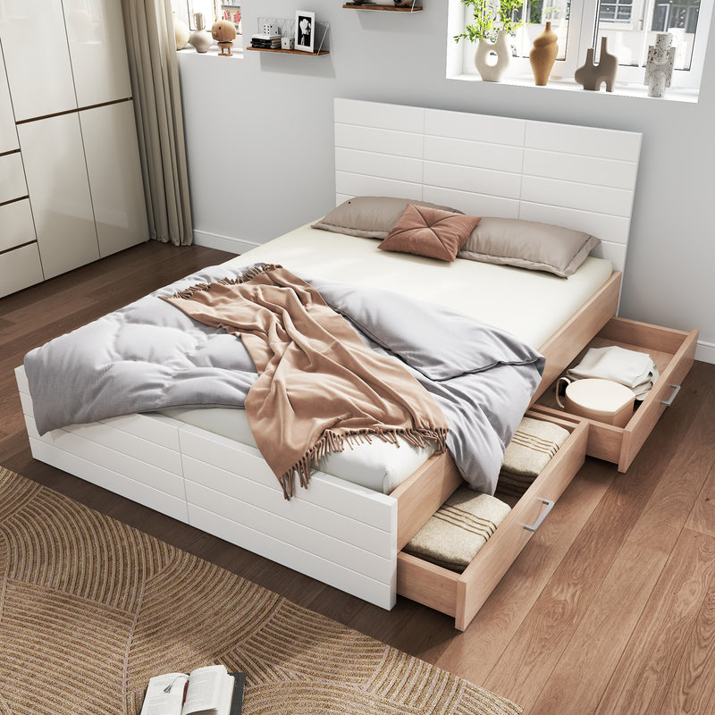 Cadre de lit queen blanc scandinave avec 2 tiroirs de rangement sous le lit 160*200cm (matelas non inclus) MRNA