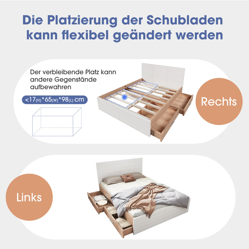 Cadre de lit queen blanc scandinave avec 2 tiroirs de rangement sous le lit 160*200cm (matelas non inclus) MRNA