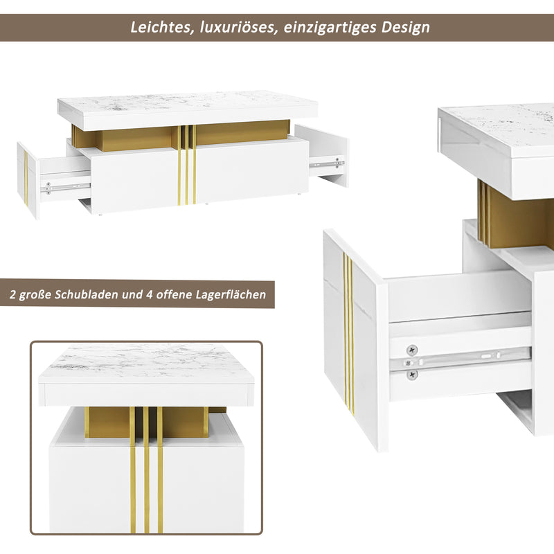 Table basse rectangulaire effet marbre blanche brillante avec 2 tiroirs 100*50*40 cm GEVREITS WHITE