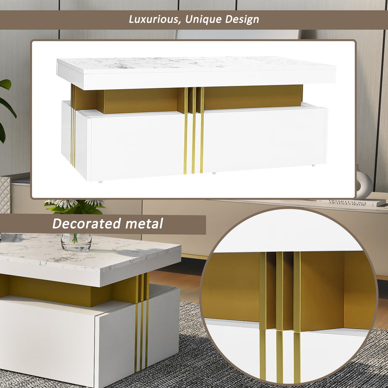 Table basse rectangulaire effet marbre blanche brillante avec 2 tiroirs 100*50*40 cm GEVREITS WHITE