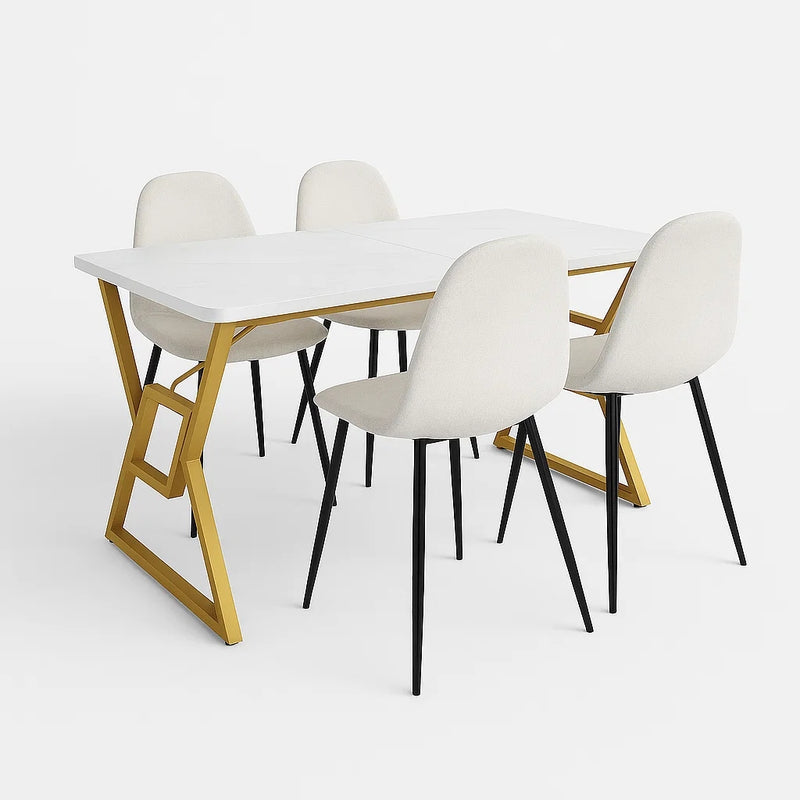 Ensemble de salle à manger élégant avec une table effet marbre blanc et des chaises en tissu beige ACINS GOLD+CHARLTON LUMOS FABRIC BEIGE BLACK LEG