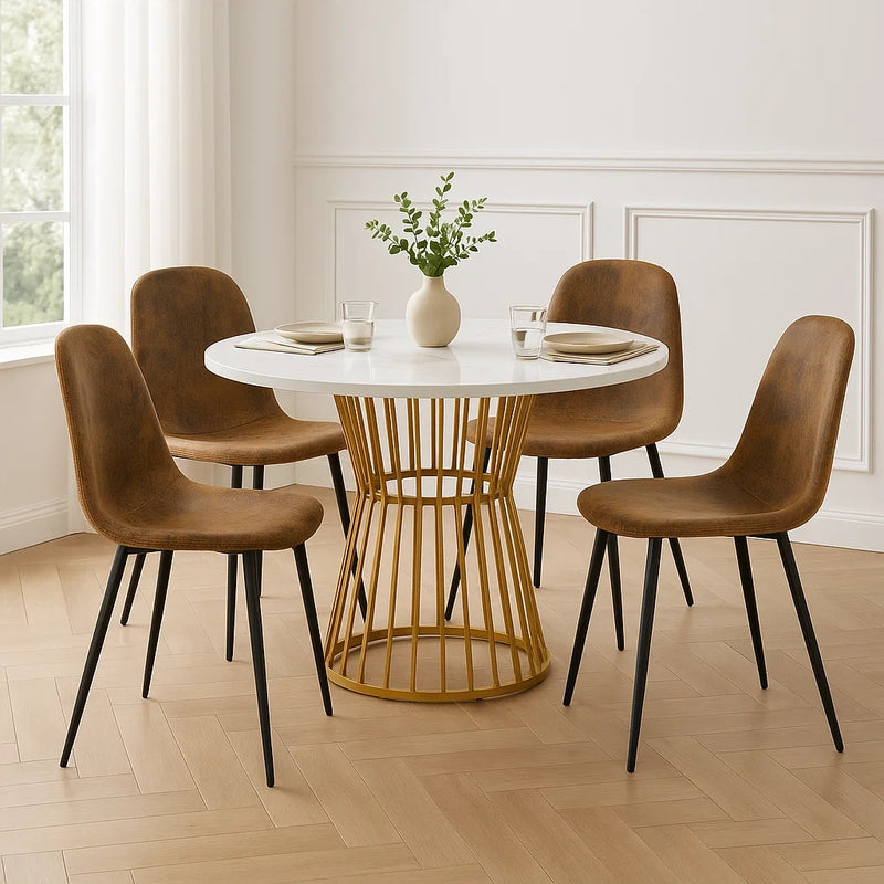 Ensemble de salle à manger élégant avec une table ronde avec un plateau effet marbre blanc et des chaises en faux daim AIZU+CHARLTON SUEDE BROWN