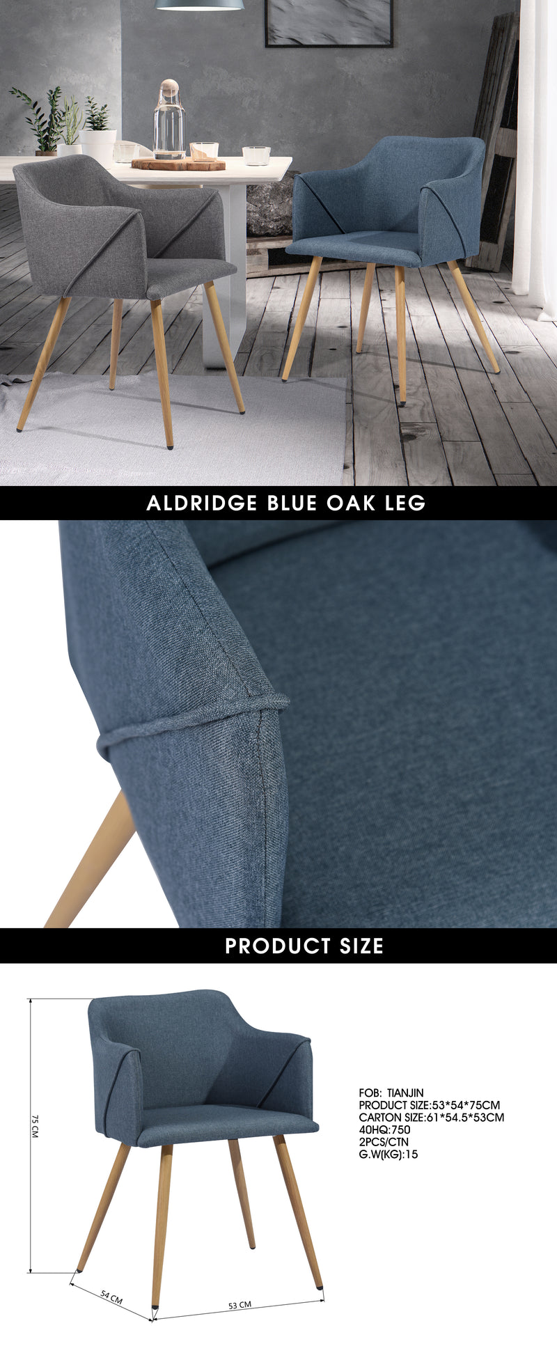 Lot de 2 chaises de salle à manger scandinaves tissu bleu pétrole pieds bois ALDRIDGE BLUE OAK LEG