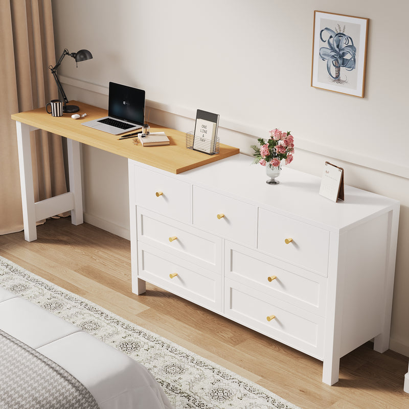 Bureau rétratable 360° effet chêne avec armoire blanc 7 tiroirs ABYSSDEEP