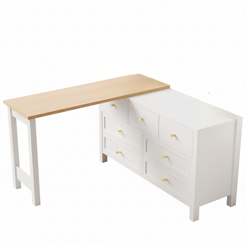 Bureau rétratable 360° effet chêne avec armoire blanc 7 tiroirs ABYSSDEEP