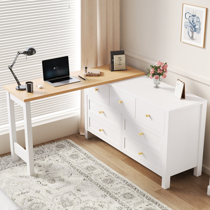 Bureau rétratable 360° effet chêne avec armoire blanc 7 tiroirs ABYSSDEEP