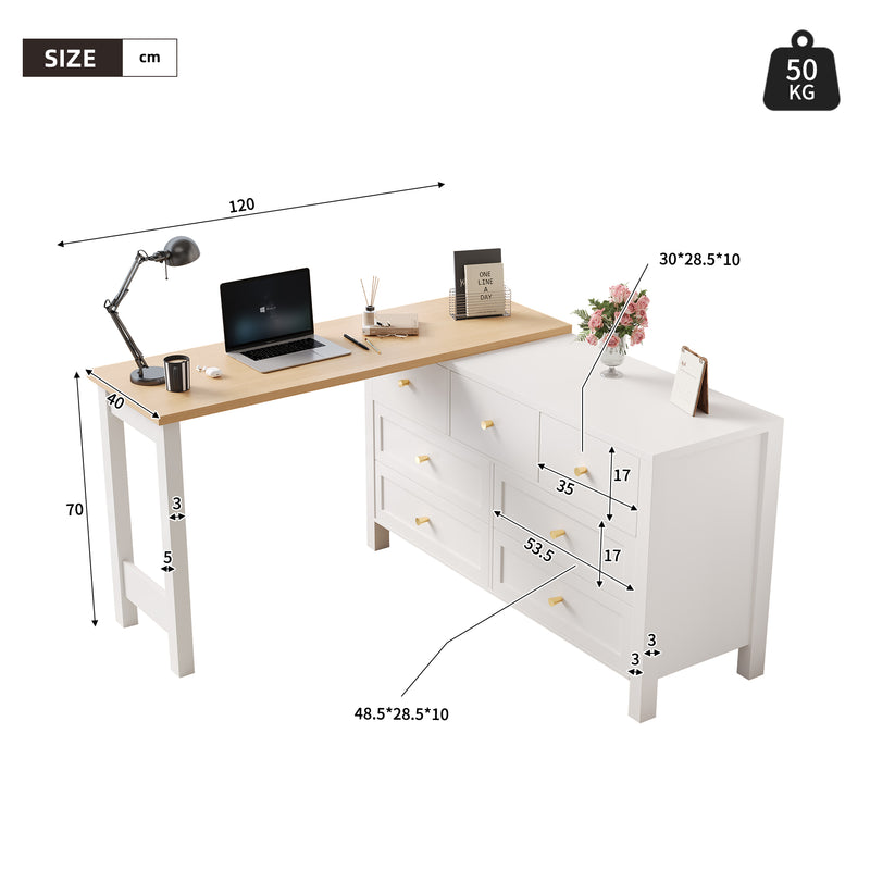 Bureau rétratable 360° effet chêne avec armoire blanc 7 tiroirs ABYSSDEEP