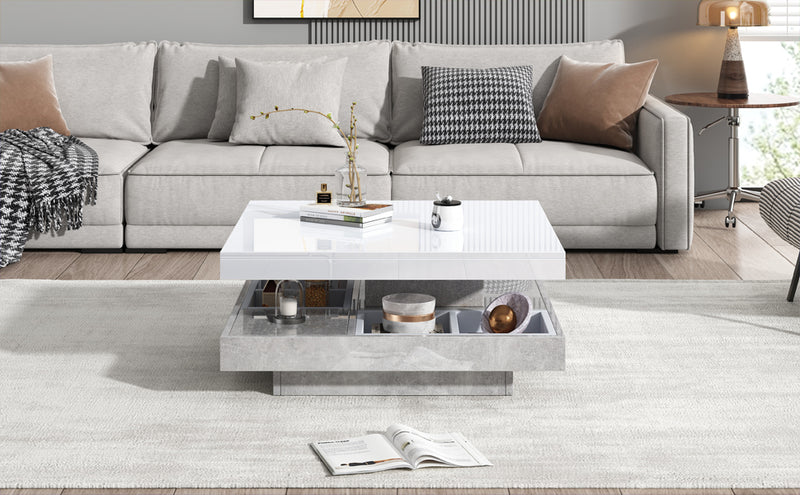 Table basse double plateau brillant pivotant à 360° en blanc et effet marbre grise clair 70*70cm ACHO