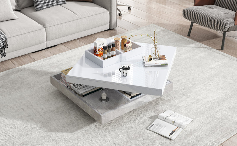 Table basse double plateau brillant pivotant à 360° en blanc et effet marbre grise clair 70*70cm ACHO