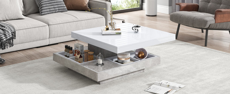 Table basse double plateau brillant pivotant à 360° en blanc et effet marbre grise clair 70*70cm ACHO