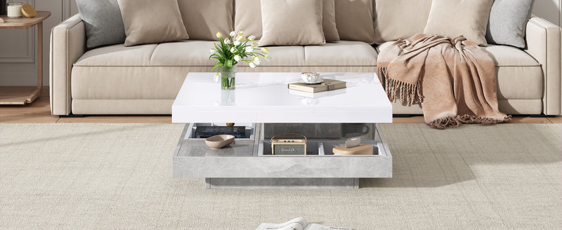 Table basse double plateau brillant pivotant à 360° en blanc et effet marbre grise clair 70*70cm ACHO