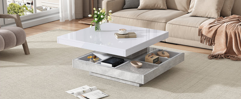 Table basse double plateau brillant pivotant à 360° en blanc et effet marbre grise clair 70*70cm ACHO