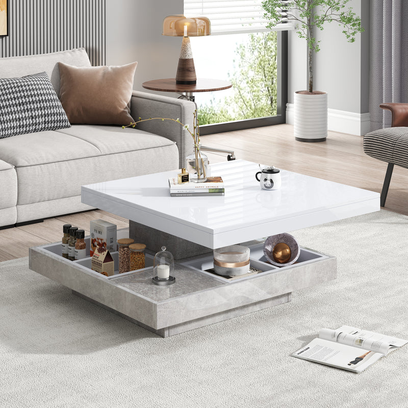 Table basse double plateau brillant pivotant à 360° en blanc et effet marbre grise clair 70*70cm ACHO