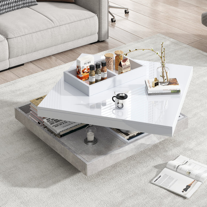 Table basse double plateau brillant pivotant à 360° en blanc et effet marbre grise clair 70*70cm ACHO