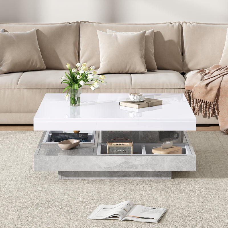 Table basse double plateau brillant pivotant à 360° en blanc et effet marbre grise clair 70*70cm ACHO