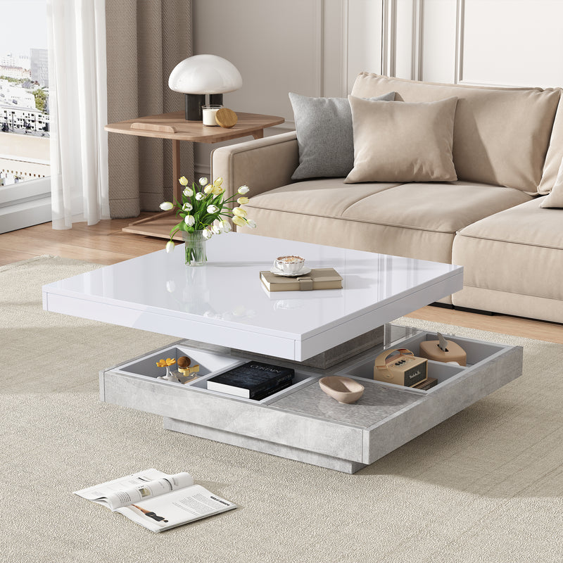 Table basse double plateau brillant pivotant à 360° en blanc et effet marbre grise clair 70*70cm ACHO