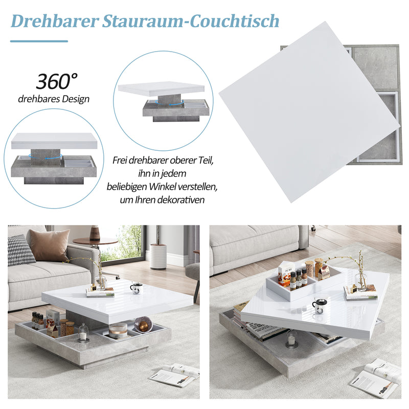 Table basse double plateau brillant pivotant à 360° en blanc et effet marbre grise clair 70*70cm ACHO