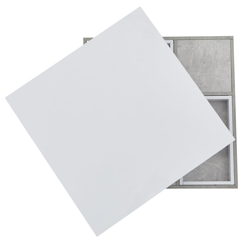 Table basse double plateau brillant pivotant à 360° en blanc et effet marbre grise clair 70*70cm ACHO