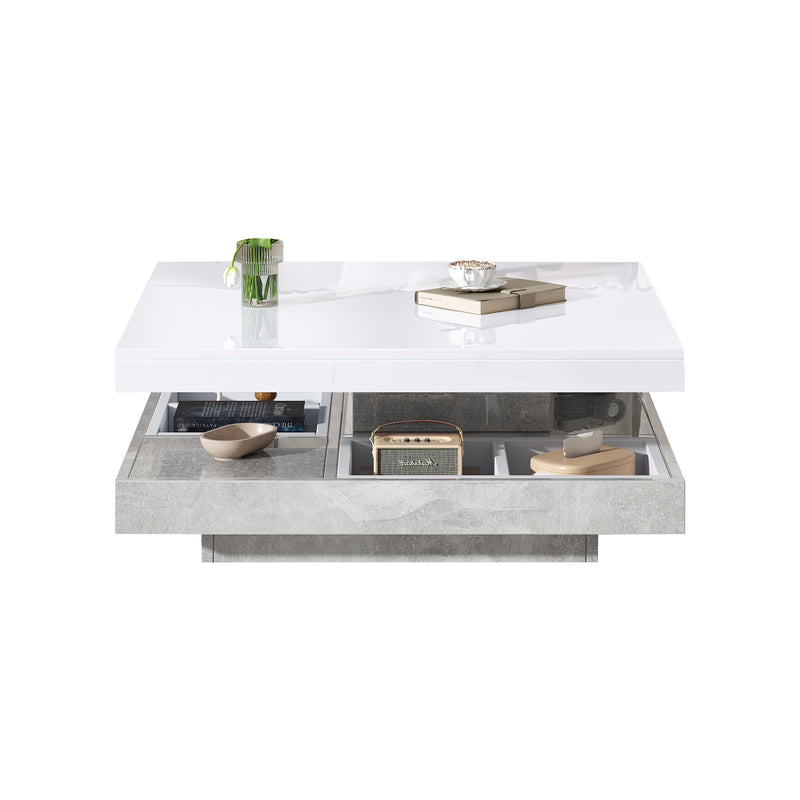 Table basse double plateau brillant pivotant à 360° en blanc et effet marbre grise clair 70*70cm ACHO