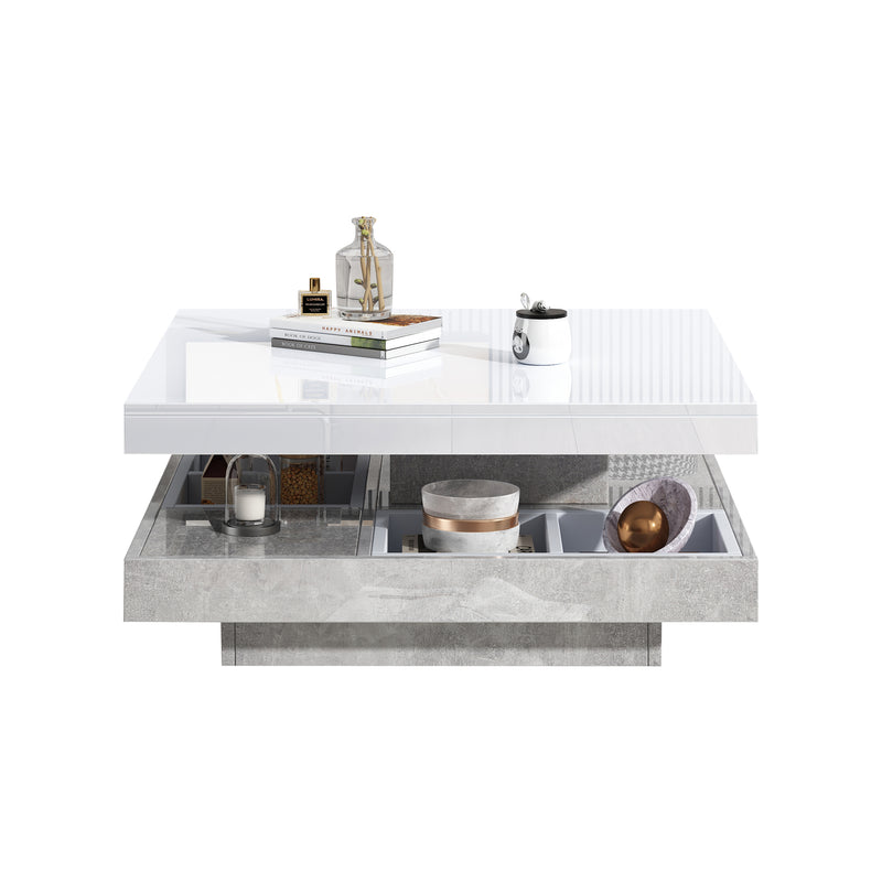 Table basse double plateau brillant pivotant à 360° en blanc et effet marbre grise clair 70*70cm ACHO