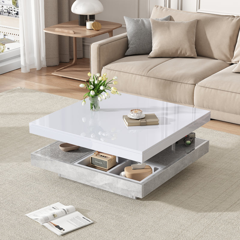 Table basse double plateau brillant pivotant à 360° en blanc et effet marbre grise clair 70*70cm ACHO