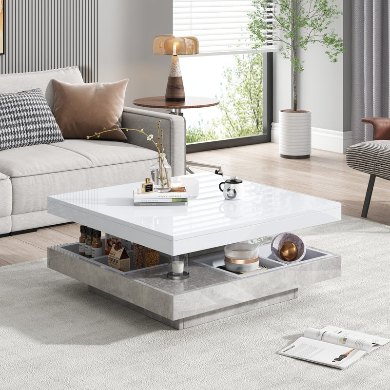 Table basse double plateau brillant pivotant à 360° en blanc et effet marbre grise clair 70*70cm ACHO