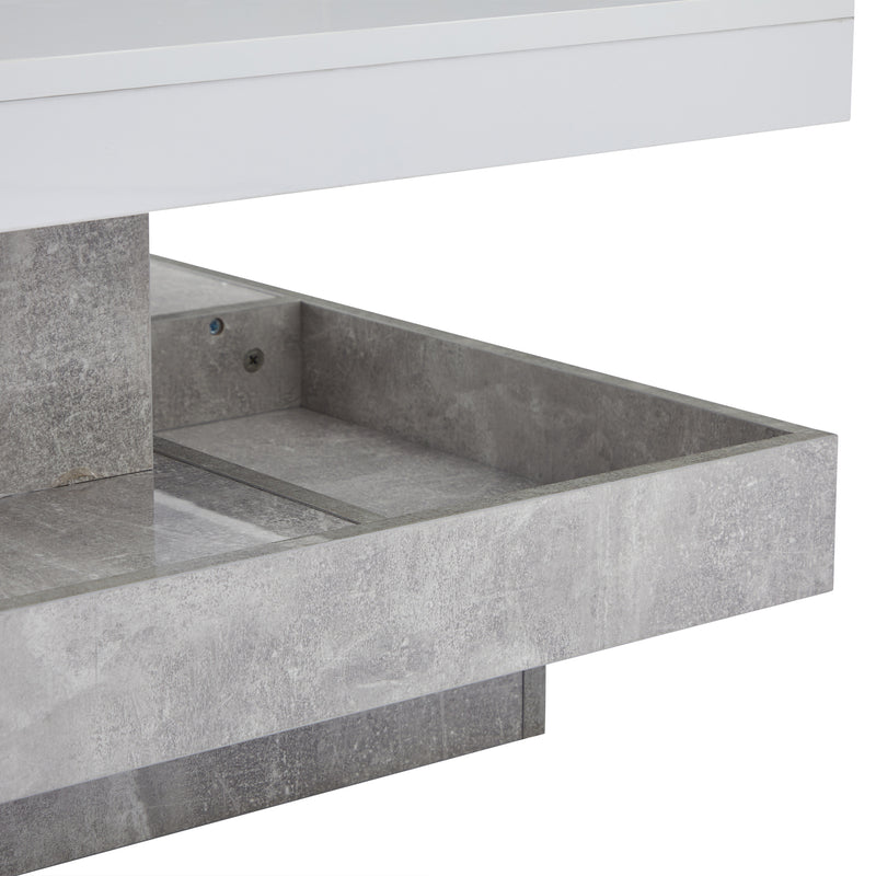 Table basse double plateau brillant pivotant à 360° en blanc et effet marbre grise clair 70*70cm ACHO