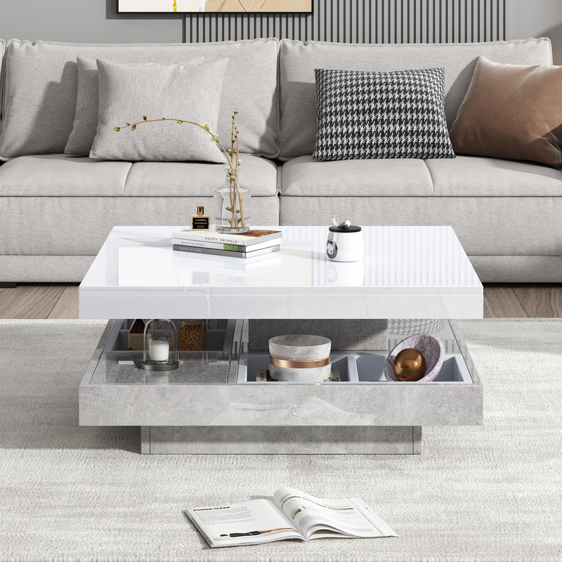 Table basse double plateau brillant pivotant à 360° en blanc et effet marbre grise clair 70*70cm ACHO