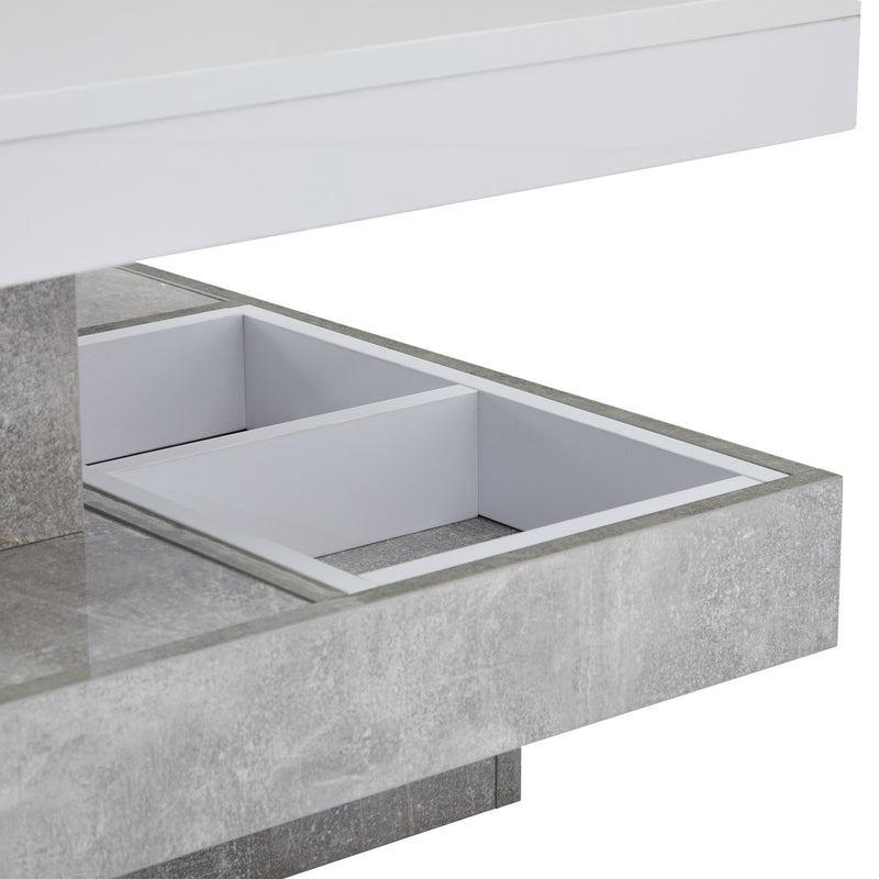 Table basse double plateau brillant pivotant à 360° en blanc et effet marbre grise clair 70*70cm ACHO