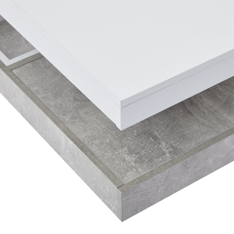 Table basse double plateau brillant pivotant à 360° en blanc et effet marbre grise clair 70*70cm ACHO