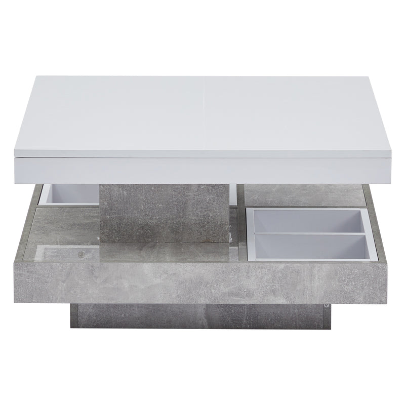 Table basse double plateau brillant pivotant à 360° en blanc et effet marbre grise clair 70*70cm ACHO